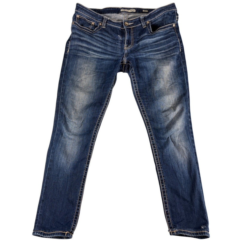 BKE Denim Payton Slim Jeans Women 32L Blue Whiskering Universal Fit Mid Rise